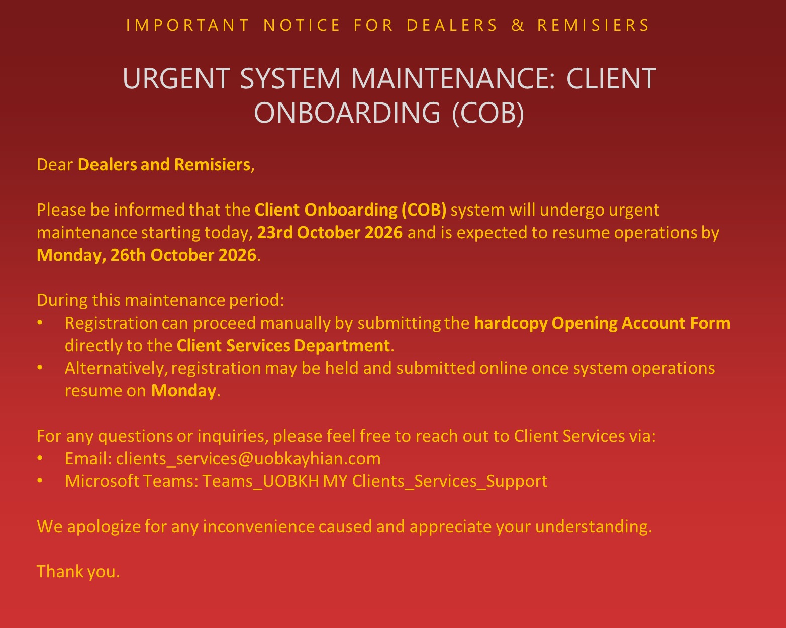 Important Notice for Dealers & Remisiers